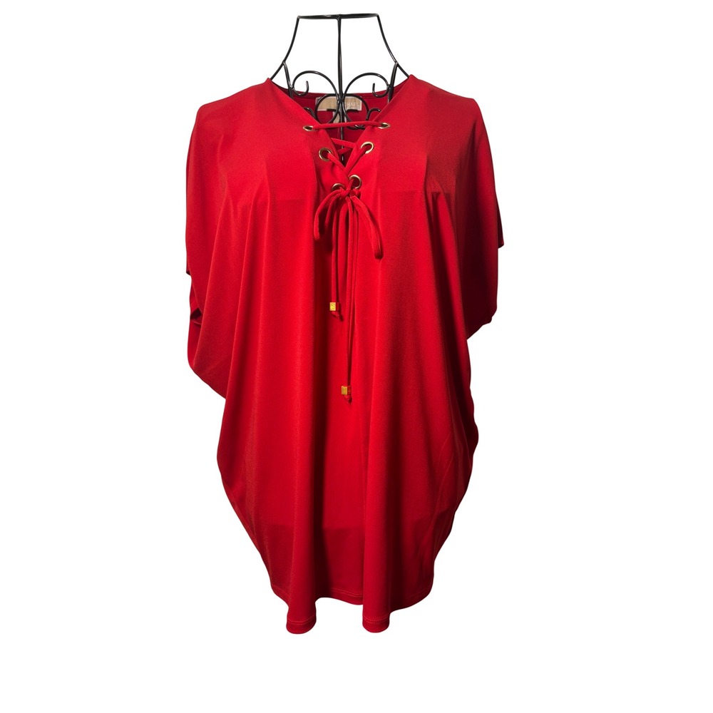 Michael Kors Womens‎ Red Lace Up V-Neck Dolman Sleeve Blouse Top Large